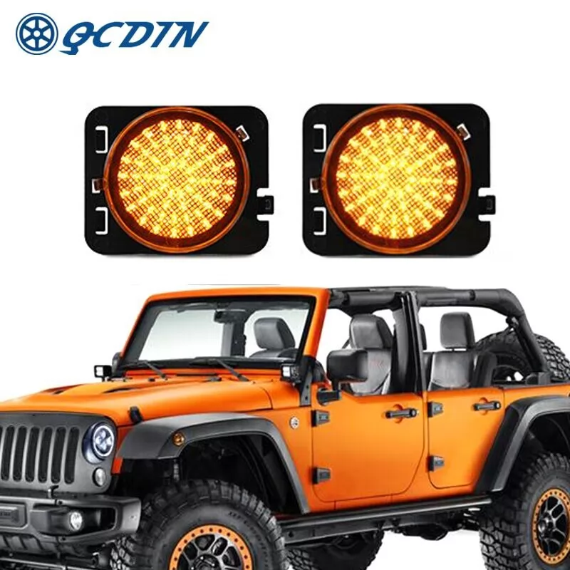 QCDIN For Jeep Wrangle JK 2007-2015 Amber LED Side Marker Light Turn Signal Light T10 Adapter Non-Polarity Signal Light