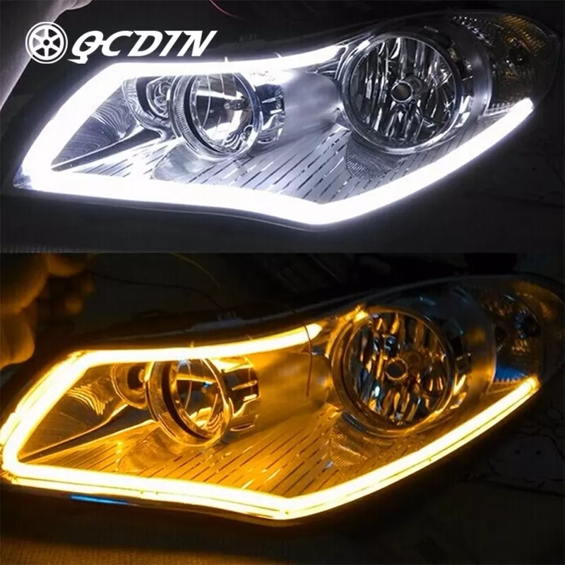 QCDIN Pair 30cm Flexible Tube Car LED Strip DRL Turn Signal Light White Amber DC 12V